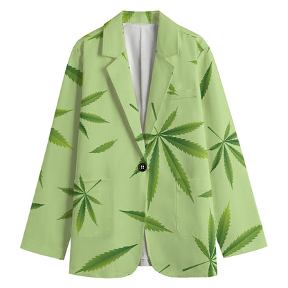 Green Hemp Leaves Pattern Print Women's Blazer