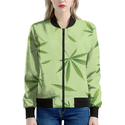Green Hemp Leaves Pattern Print Women's Bomber Jacket