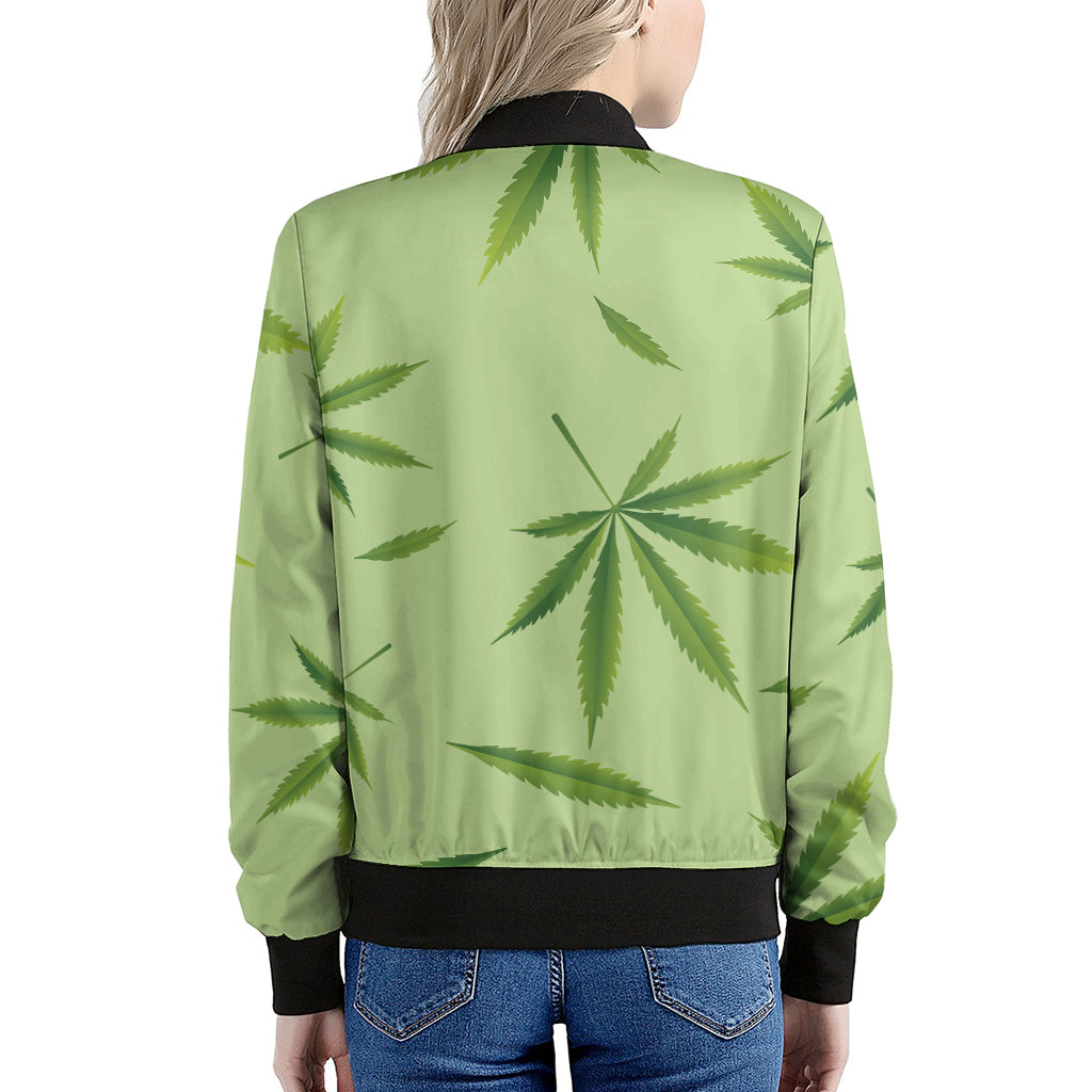 Green Hemp Leaves Pattern Print Women's Bomber Jacket