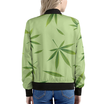 Green Hemp Leaves Pattern Print Women's Bomber Jacket