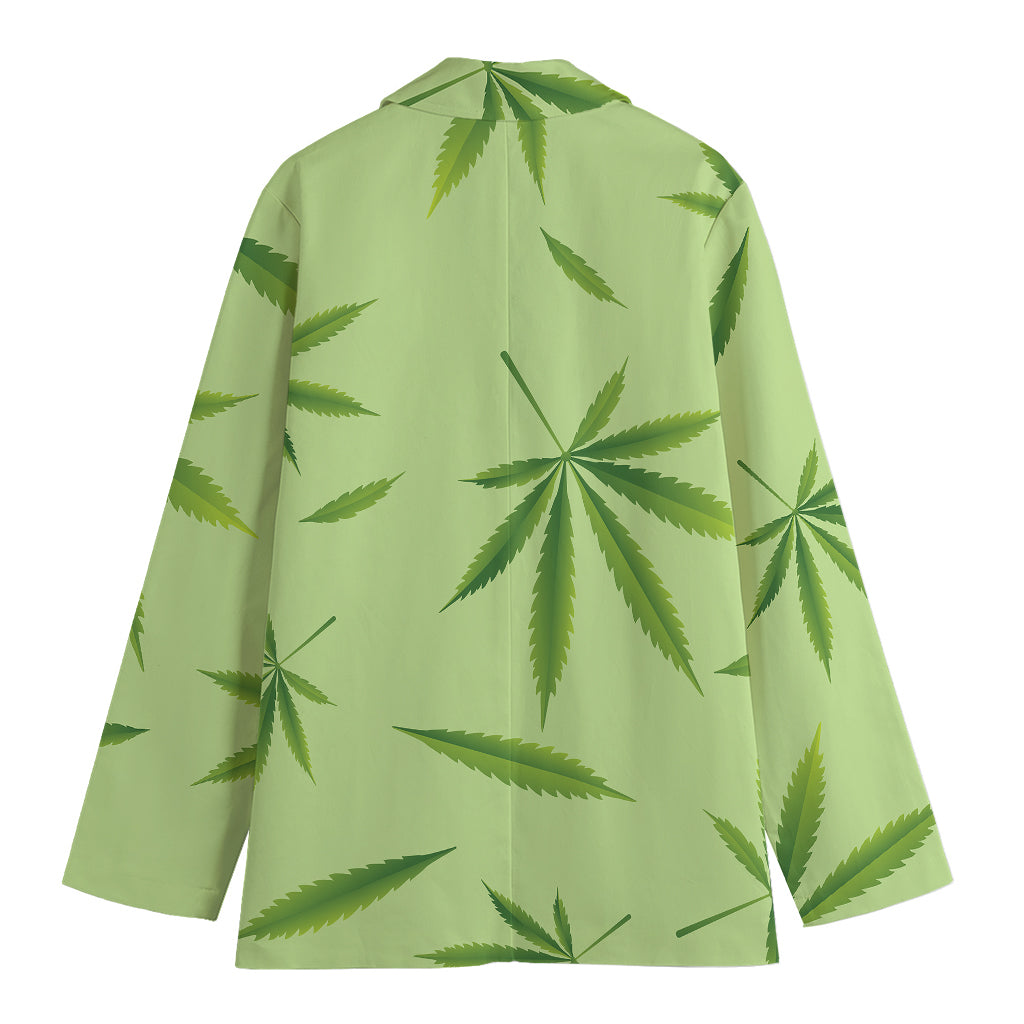 Green Hemp Leaves Pattern Print Women's Cotton Blazer