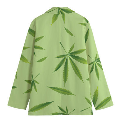 Green Hemp Leaves Pattern Print Women's Cotton Blazer