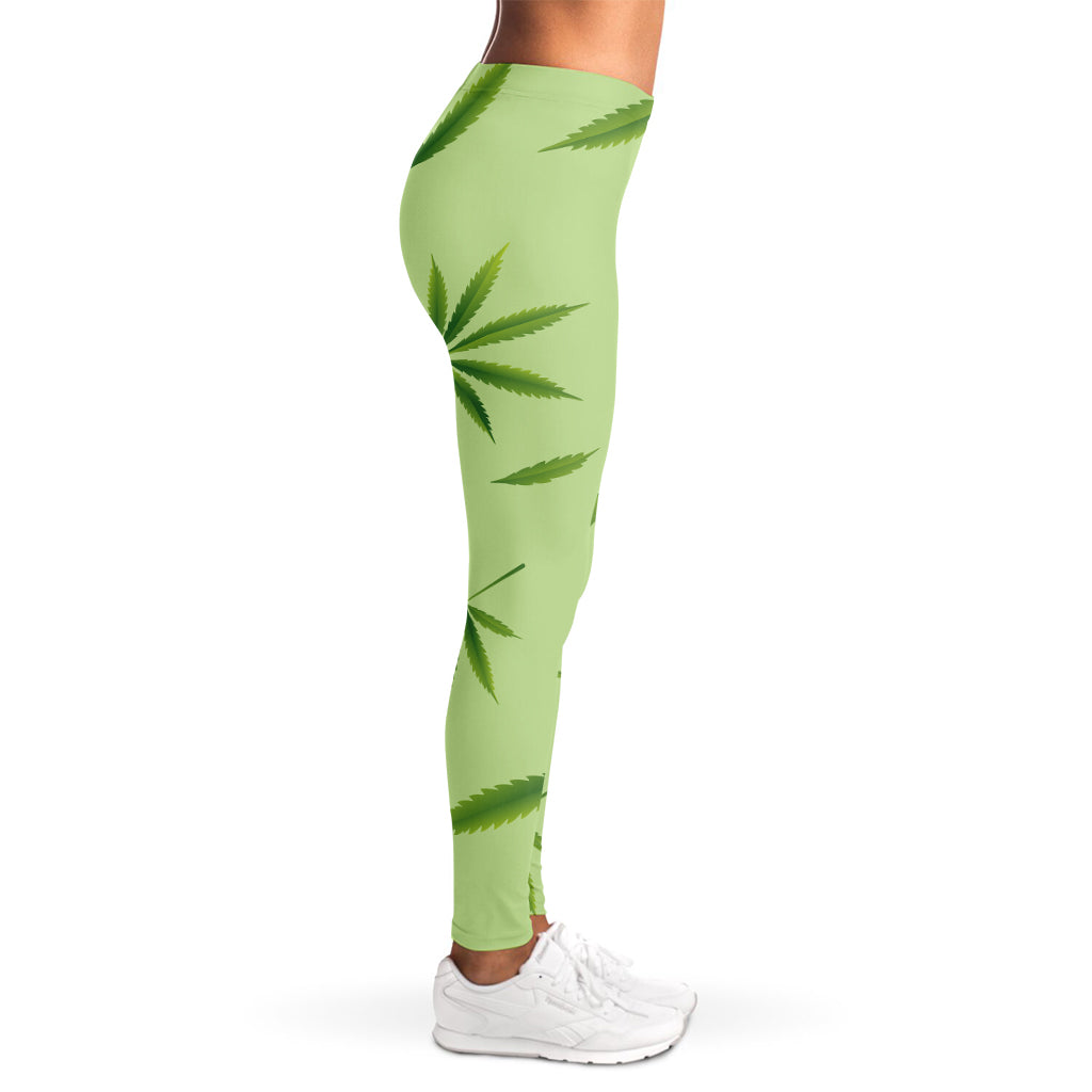 Green Hemp Leaves Pattern Print Women's Leggings