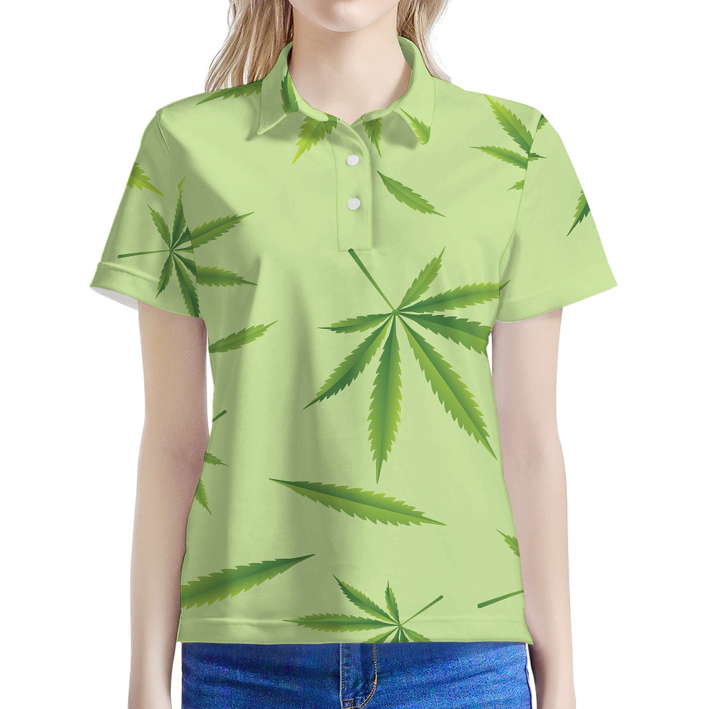 Green Hemp Leaves Pattern Print Women's Polo Shirt