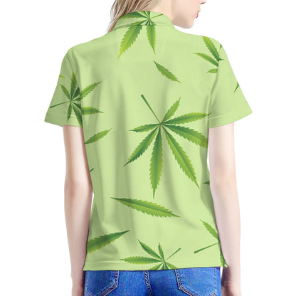 Green Hemp Leaves Pattern Print Women's Polo Shirt