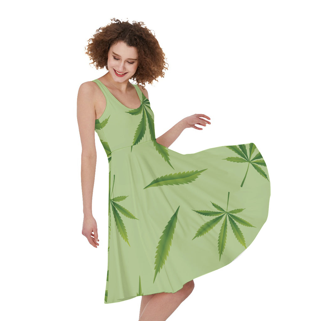 Green Hemp Leaves Pattern Print Women's Sleeveless Dress