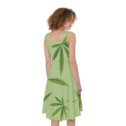 Green Hemp Leaves Pattern Print Women's Sleeveless Dress