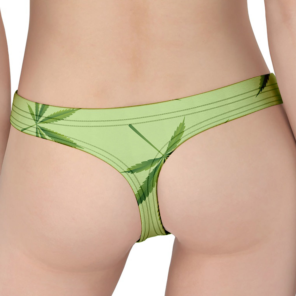 Green Hemp Leaves Pattern Print Women's Thong