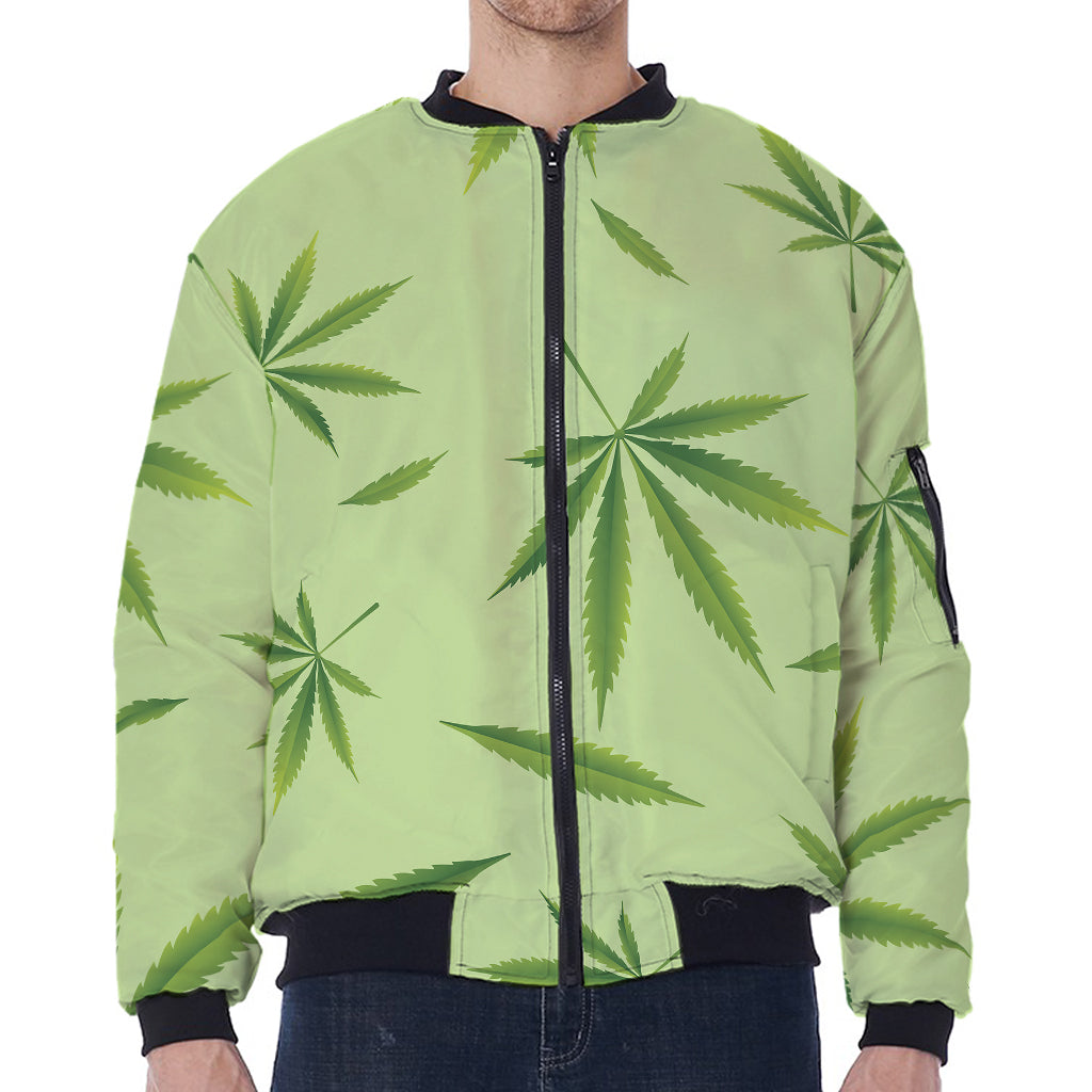 Green Hemp Leaves Pattern Print Zip Sleeve Bomber Jacket