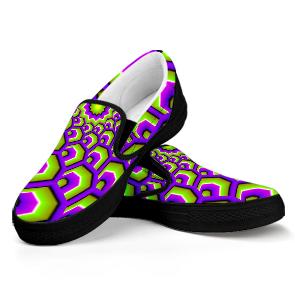 Green Hive Moving Optical Illusion Black Slip On Sneakers