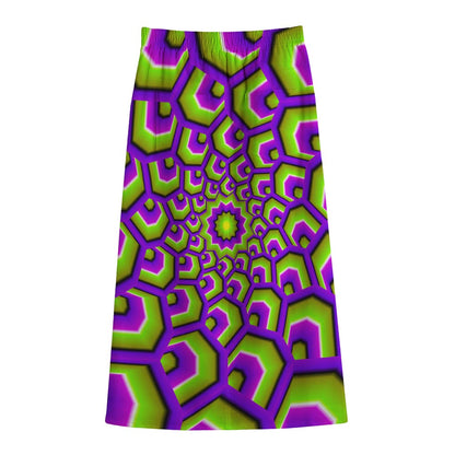Green Hive Moving Optical Illusion Cotton Front Slit Maxi Skirt