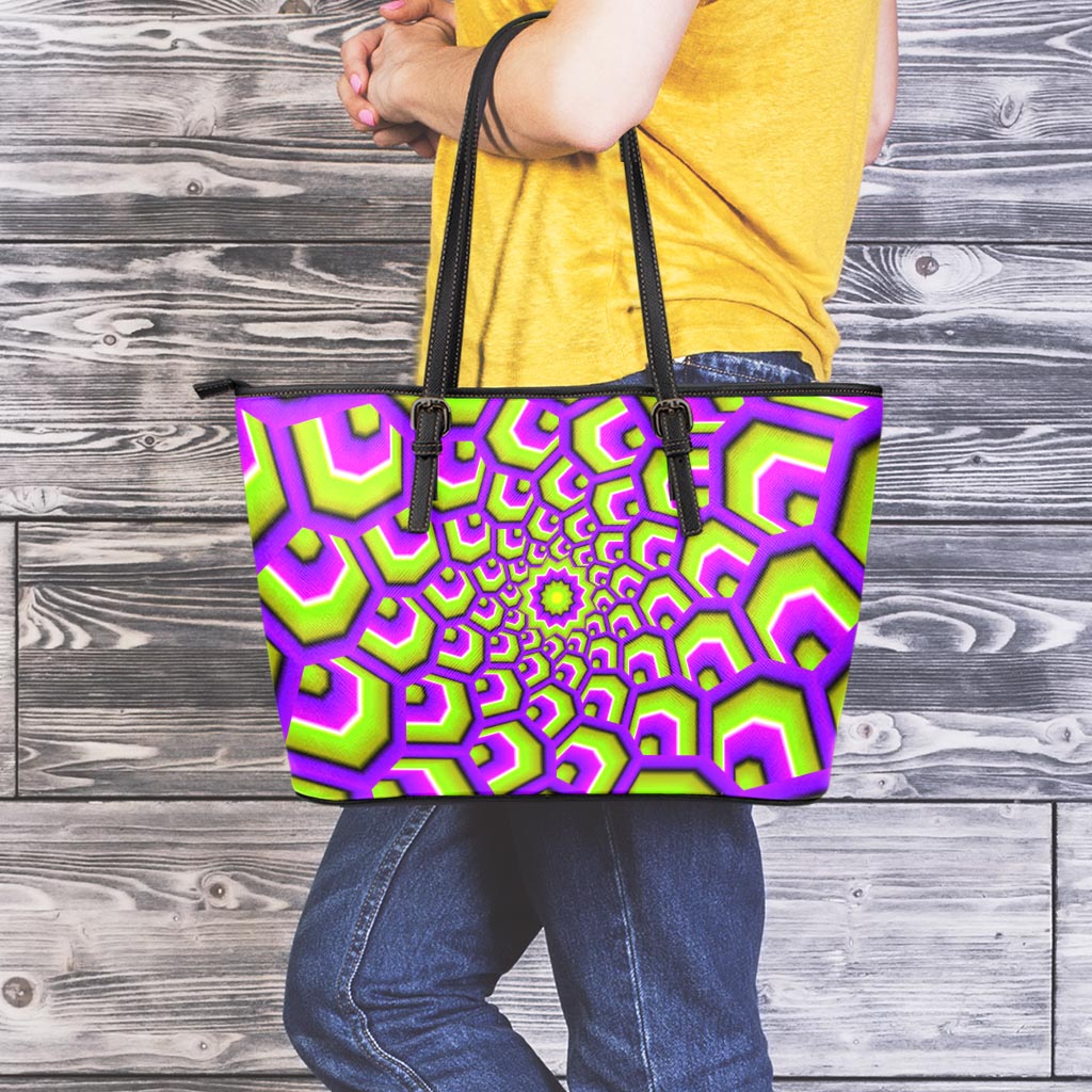 Green Hive Moving Optical Illusion Leather Tote Bag