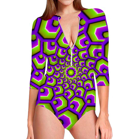 Green Hive Moving Optical Illusion Long Sleeve Swimsuit