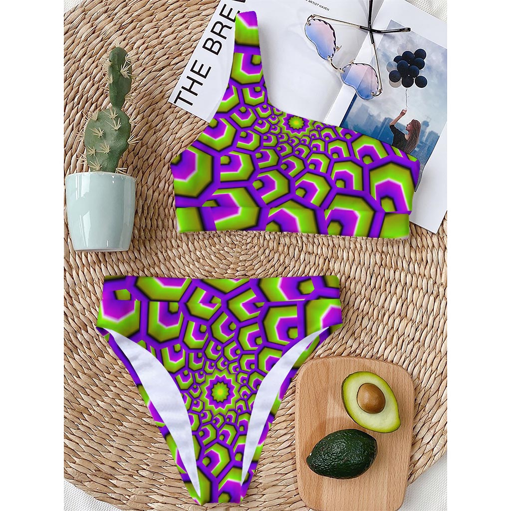 Green Hive Moving Optical Illusion One Shoulder Bikini Top