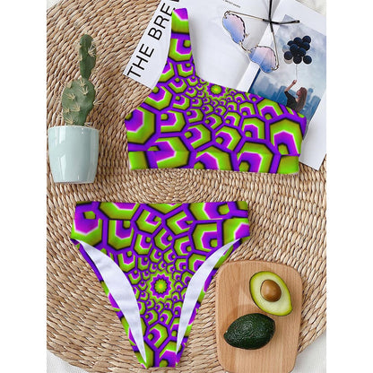 Green Hive Moving Optical Illusion One Shoulder Bikini Top