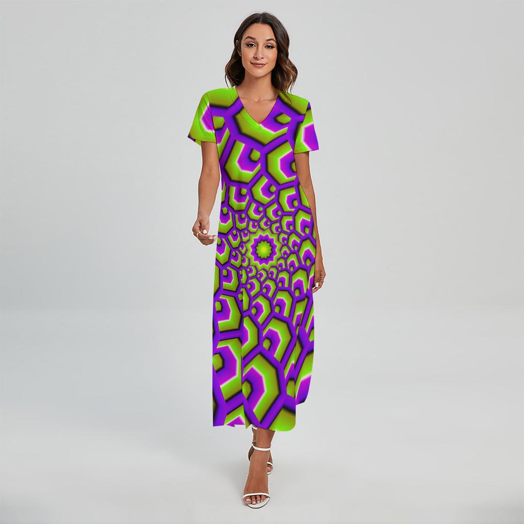 Green Hive Moving Optical Illusion Short Sleeve Maxi Dress