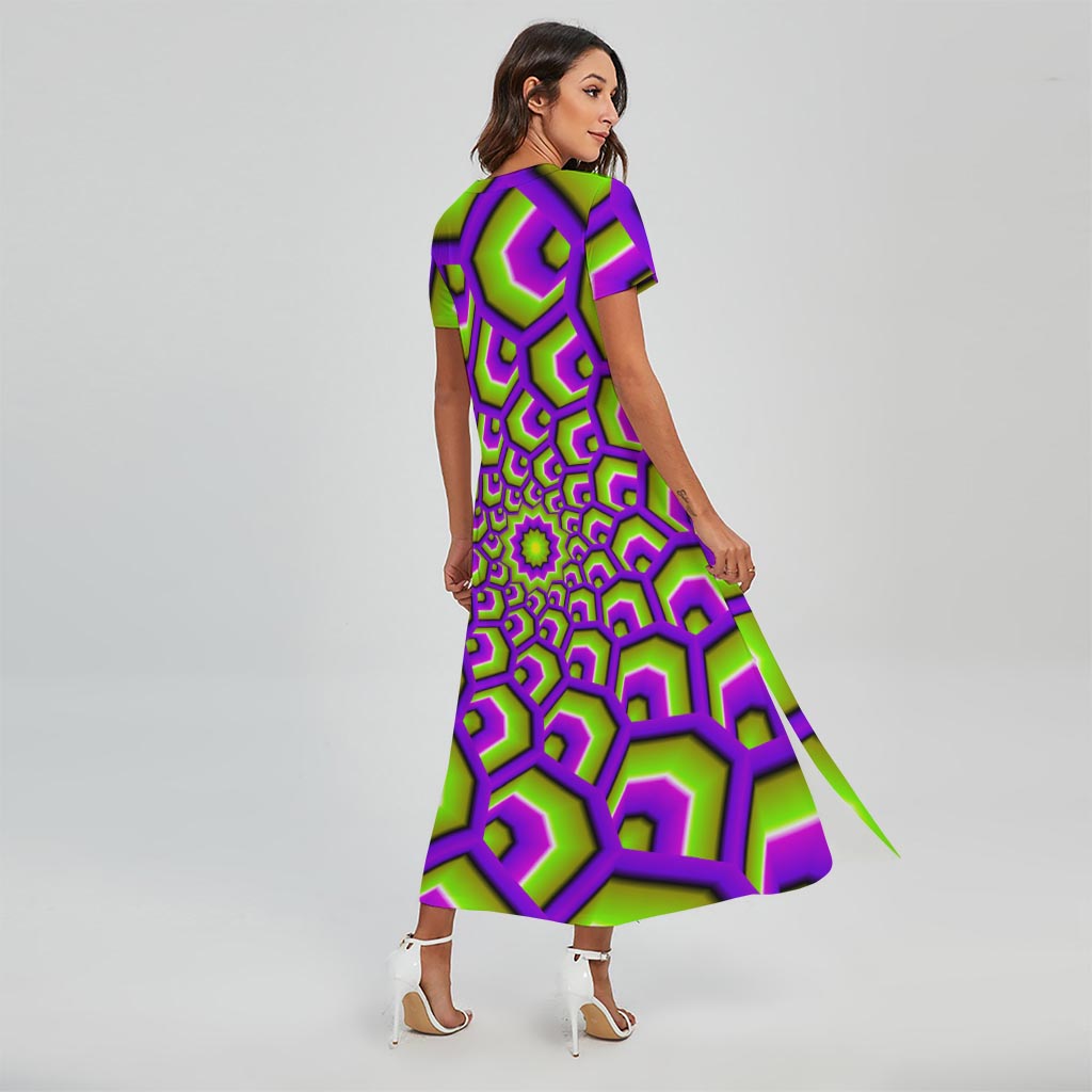 Green Hive Moving Optical Illusion Short Sleeve Maxi Dress