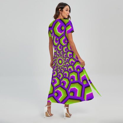 Green Hive Moving Optical Illusion Short Sleeve Maxi Dress