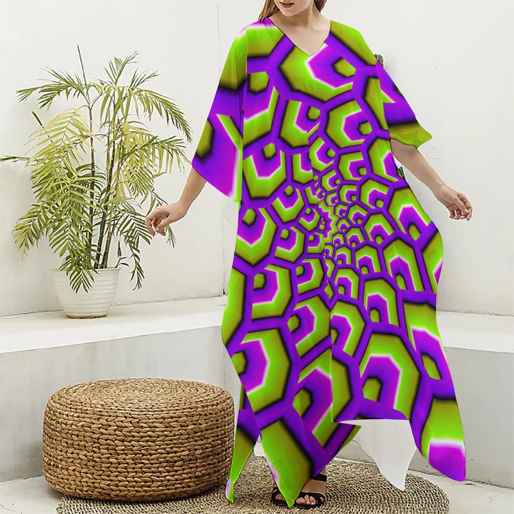 Green Hive Moving Optical Illusion Silk V-Neck Kaftan Dress