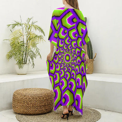 Green Hive Moving Optical Illusion Silk V-Neck Kaftan Dress