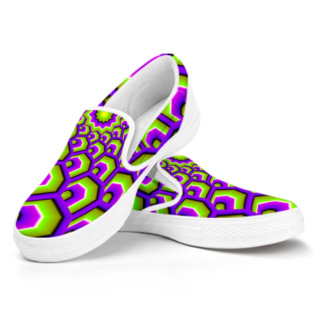Green Hive Moving Optical Illusion White Slip On Sneakers