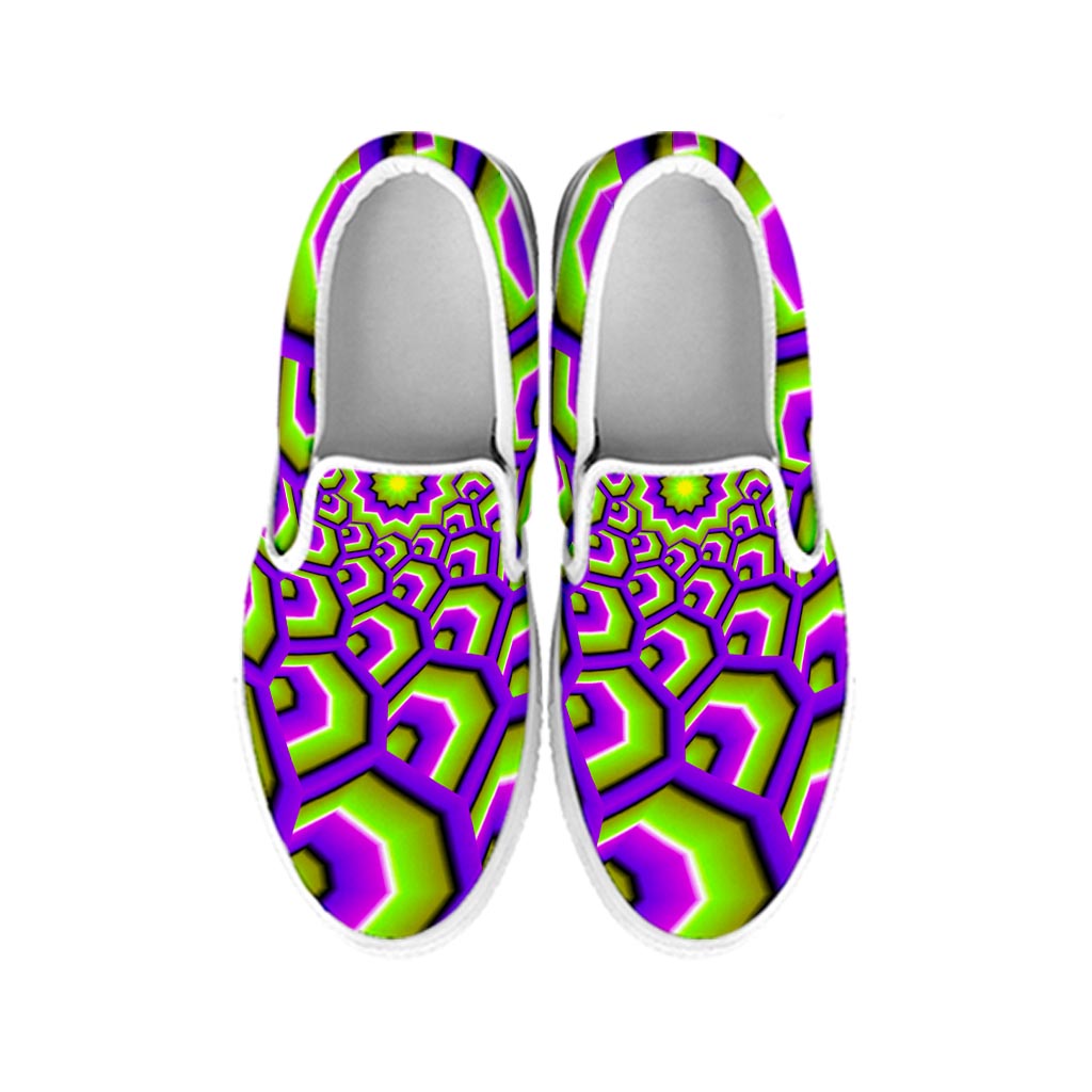 Green Hive Moving Optical Illusion White Slip On Sneakers