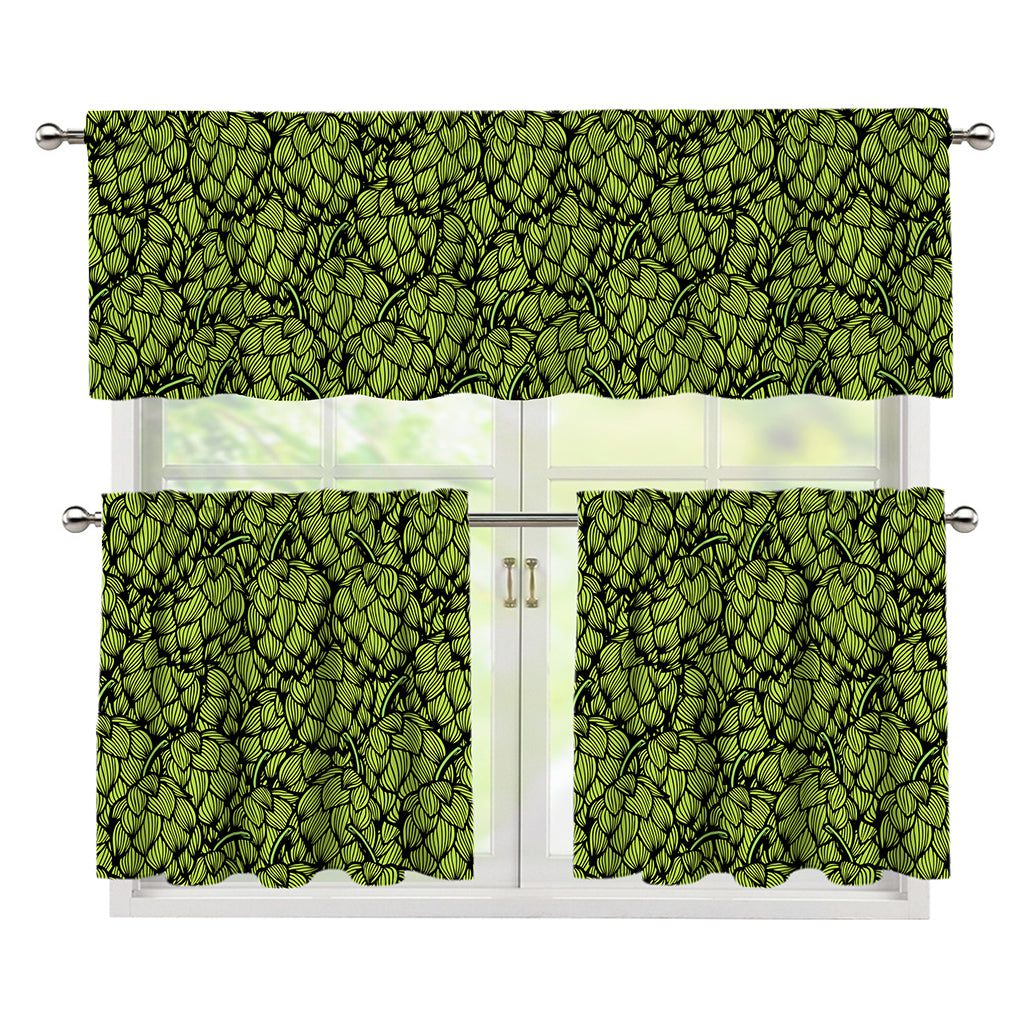 Green Hop Cone Pattern Print 3 Piece Kitchen Curtains