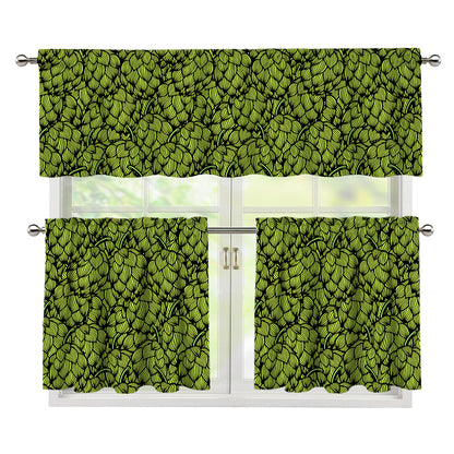Green Hop Cone Pattern Print 3 Piece Kitchen Curtains