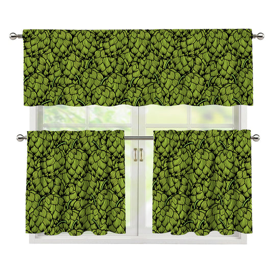 Green Hop Cone Pattern Print 3 Piece Kitchen Curtains
