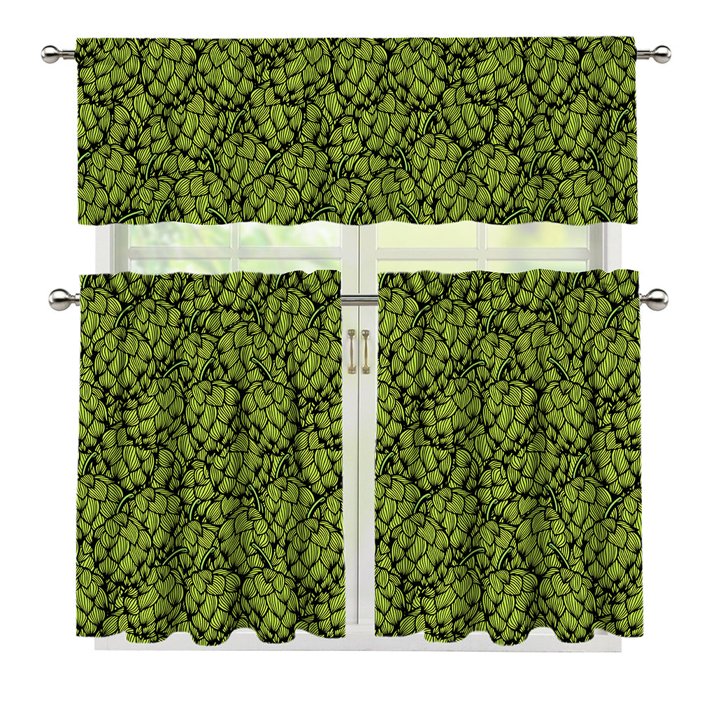 Green Hop Cone Pattern Print 3 Piece Kitchen Curtains