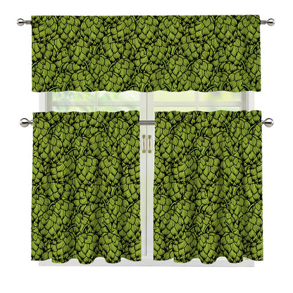 Green Hop Cone Pattern Print 3 Piece Kitchen Curtains