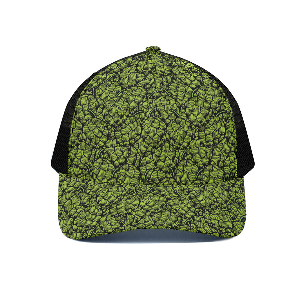 Green Hop Cone Pattern Print Black Mesh Trucker Cap