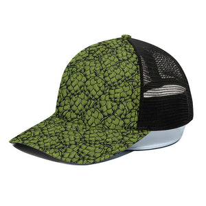 Green Hop Cone Pattern Print Black Mesh Trucker Cap