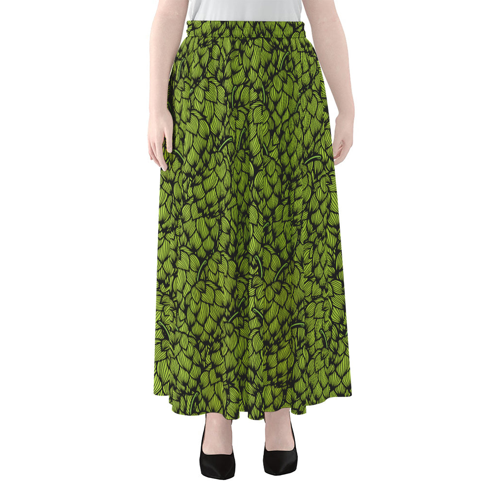 Green Hop Cone Pattern Print Chiffon Maxi Skirt