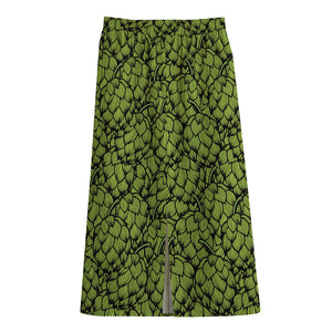 Green Hop Cone Pattern Print Cotton Front Slit Maxi Skirt