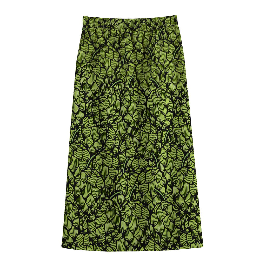 Green Hop Cone Pattern Print Cotton Front Slit Maxi Skirt