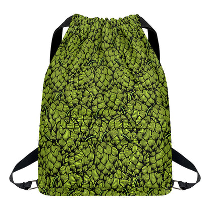 Green Hop Cone Pattern Print Drawstring Backpack