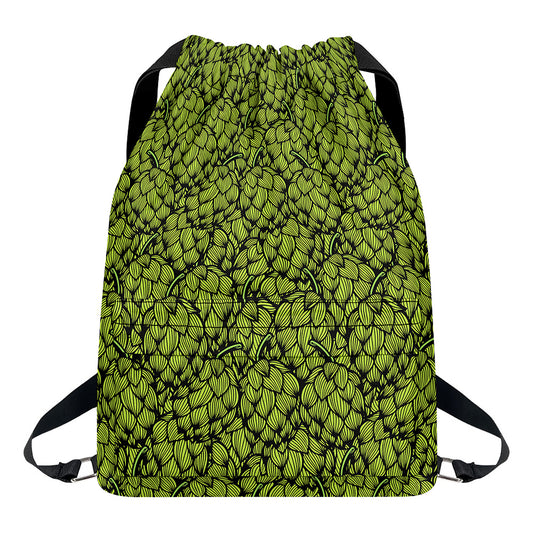Green Hop Cone Pattern Print Drawstring Backpack