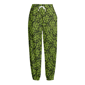 Green Hop Cone Pattern Print Fleece Lined Knit Pants