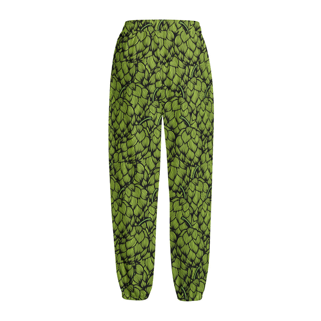 Green Hop Cone Pattern Print Fleece Lined Knit Pants