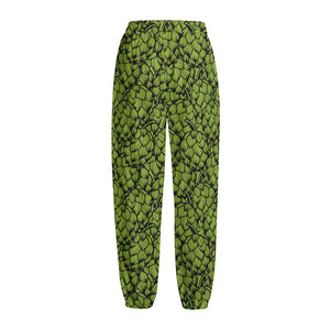 Green Hop Cone Pattern Print Fleece Lined Knit Pants