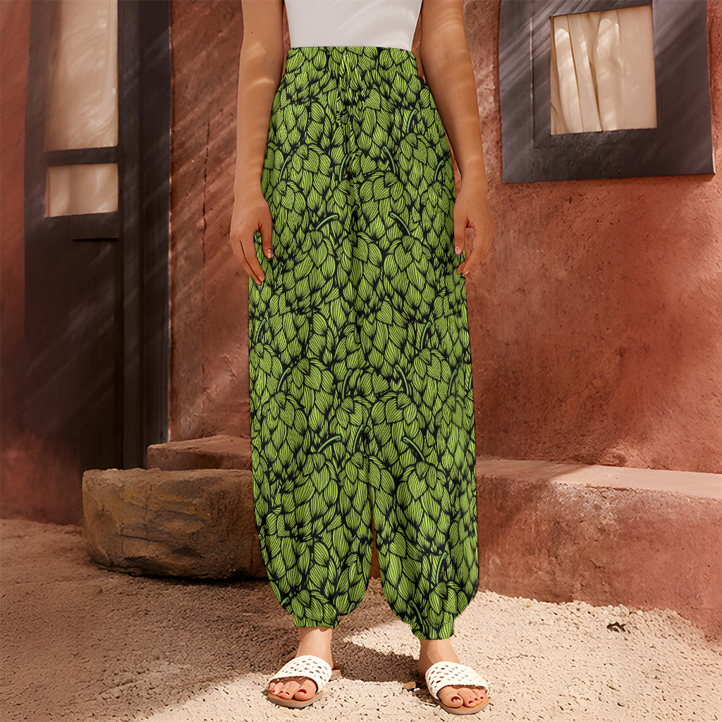 Green Hop Cone Pattern Print Harem Pants