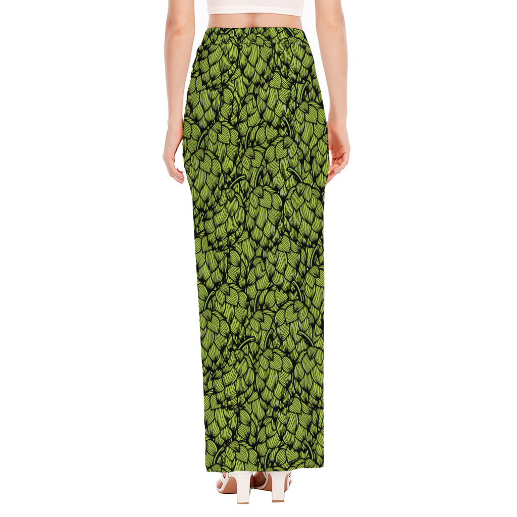 Green Hop Cone Pattern Print High Slit Maxi Skirt