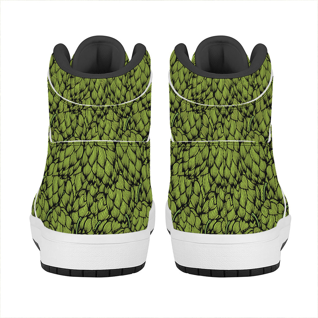 Green Hop Cone Pattern Print High Top Leather Sneakers