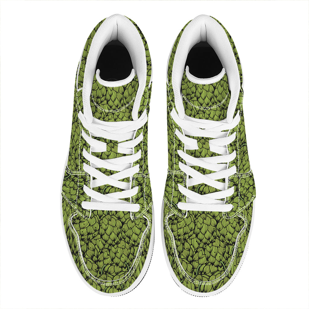 Green Hop Cone Pattern Print High Top Leather Sneakers