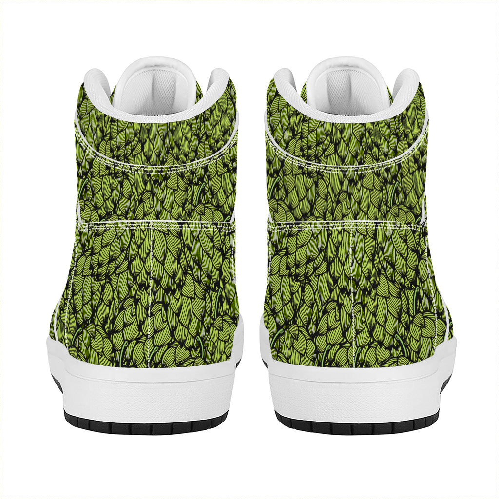 Green Hop Cone Pattern Print High Top Leather Sneakers