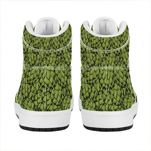 Green Hop Cone Pattern Print High Top Leather Sneakers