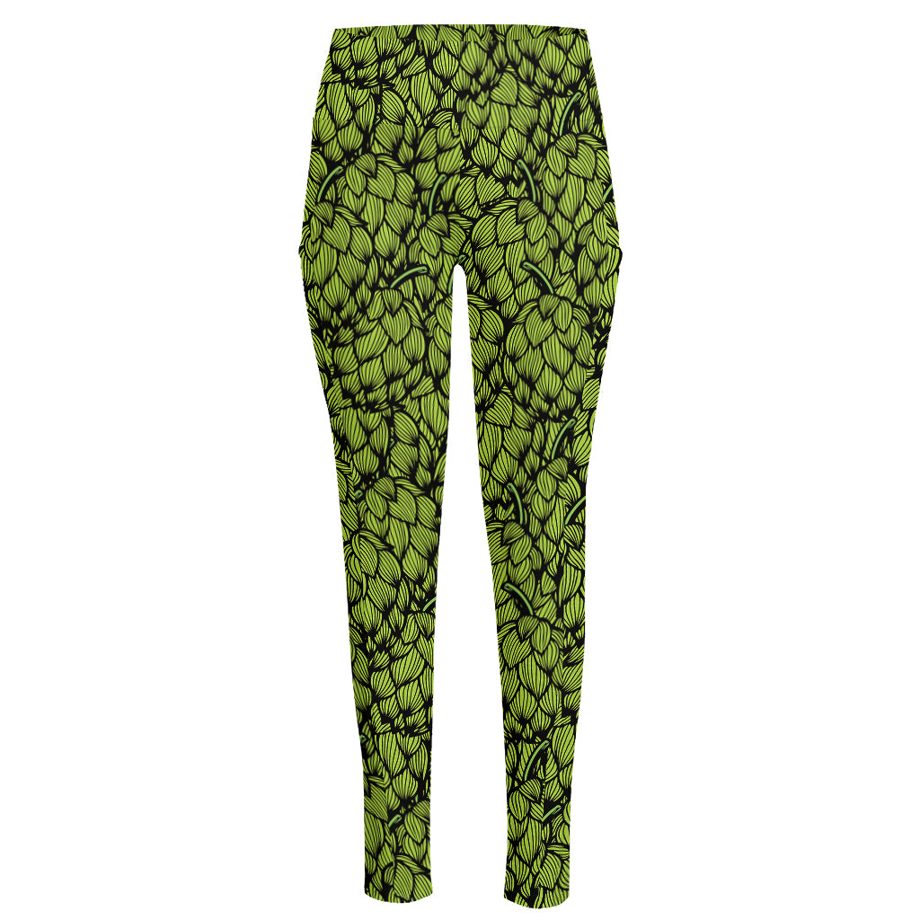 Green Hop Cone Pattern Print High-Waisted Pocket Leggings