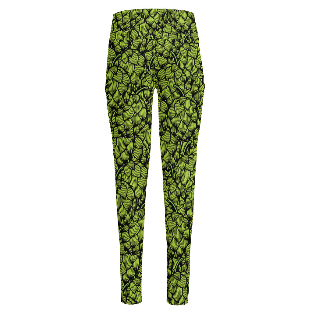 Green Hop Cone Pattern Print High-Waisted Pocket Leggings