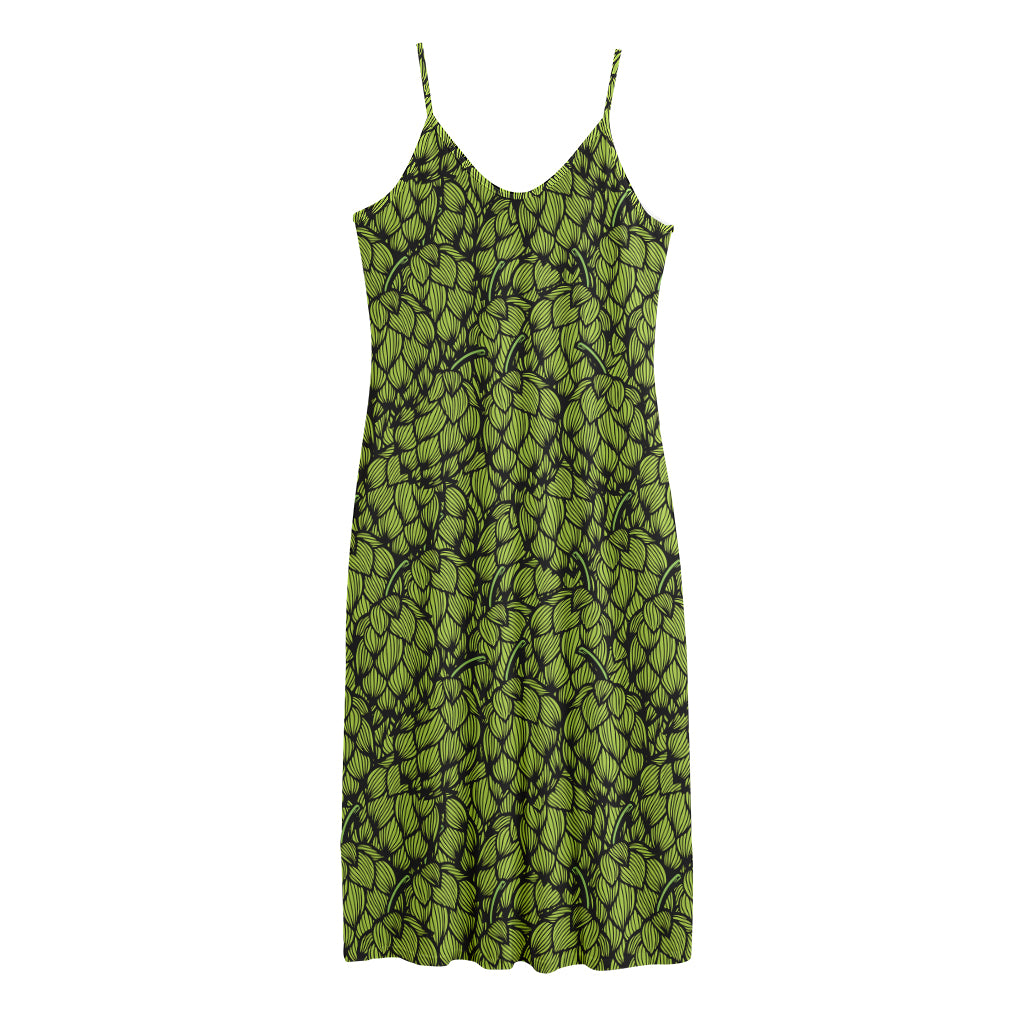 Green Hop Cone Pattern Print Jersey Midi Cami Dress